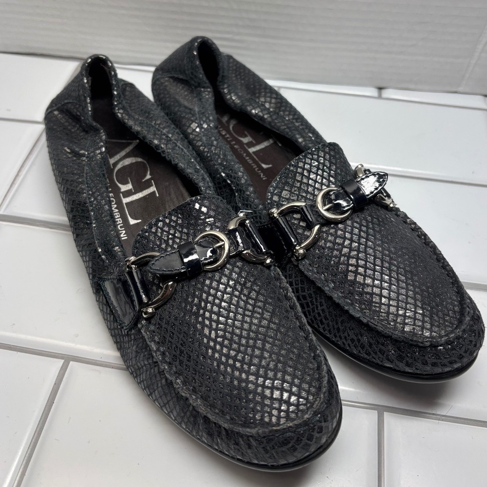 AGL Loafers Womens 38 Grey Excellent Metallic Snakeskin Horsebit Loafer N246036